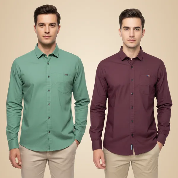Sea_Green_&_Maroon_(Pack_Of_2)_Combo_Cotton_Plain_Shirts_For_Men