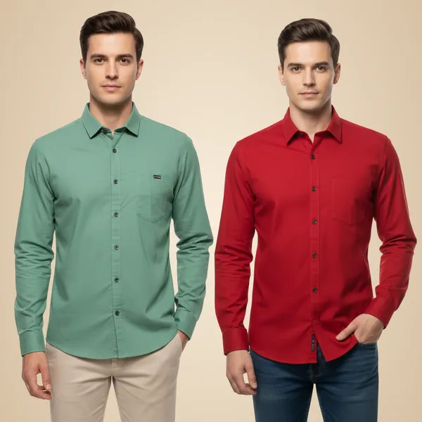 Sea_Green_&_Red_(Pack_Of_2)_Combo_Cotton_Plain_Shirts_For_Men