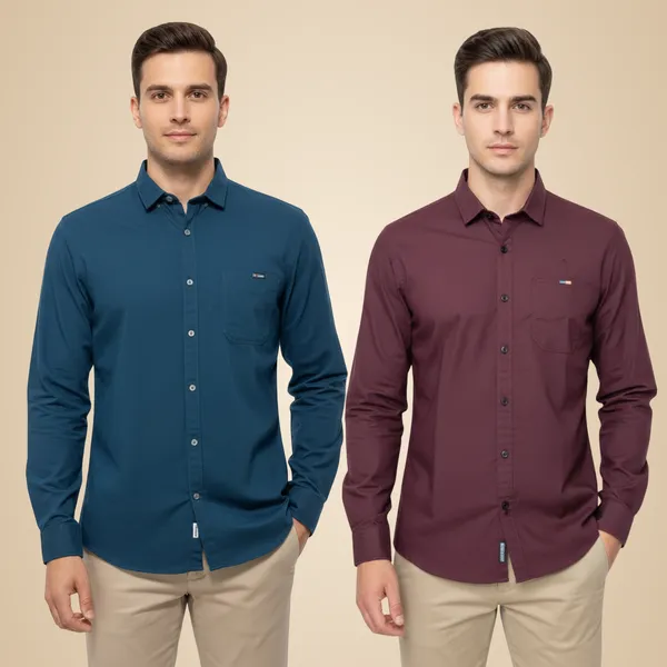 Teal_Blue_&_Maroon_(Pack_Of_2)_Combo_Cotton_Plain_Shirts_For_Men