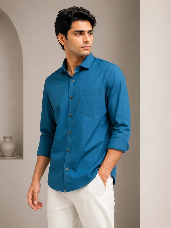 Mens_Teal_Blue_Plain_Cotton_Blend_Shirt