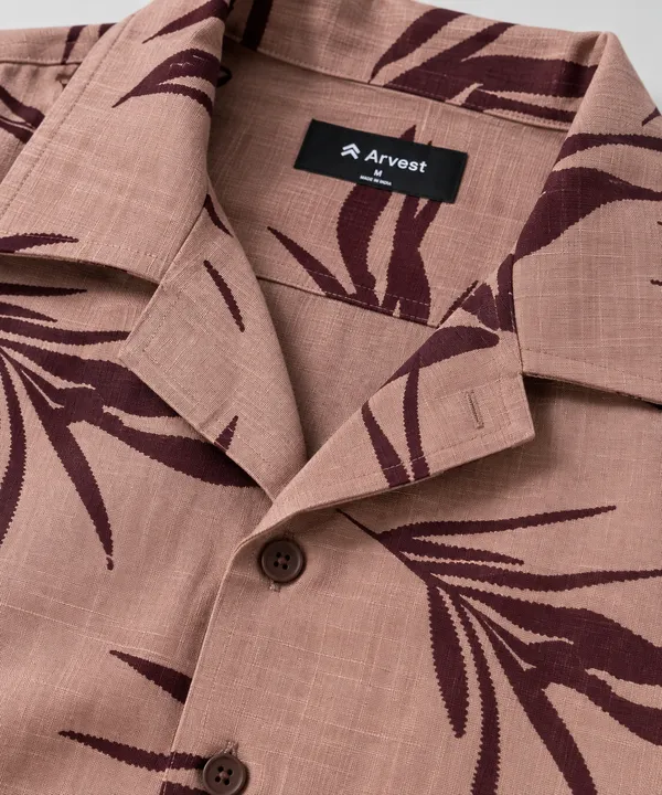 ARVEST_Dusty_Rose_Leaf_Print_Linen_Half-Sleeve_Shirt