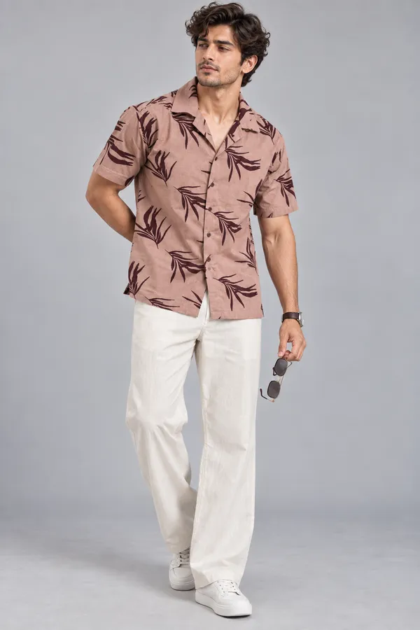 ARVEST_Dusty_Rose_Leaf_Print_Linen_Half-Sleeve_Shirt