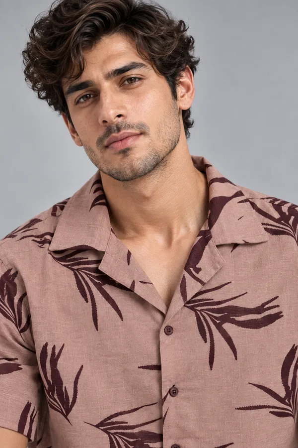 ARVEST_Dusty_Rose_Leaf_Print_Linen_Half-Sleeve_Shirt