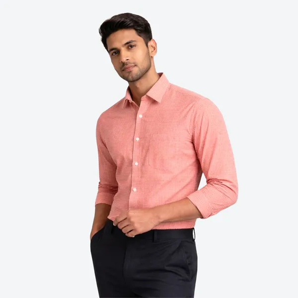 Salmon_Pink_Gingham_Check_Cotton_Oxford_Shirt