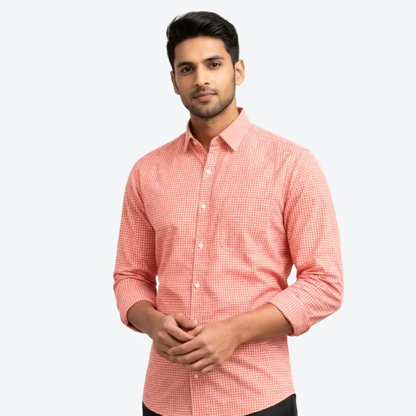 Salmon_Pink_Gingham_Check_Cotton_Oxford_Shirt