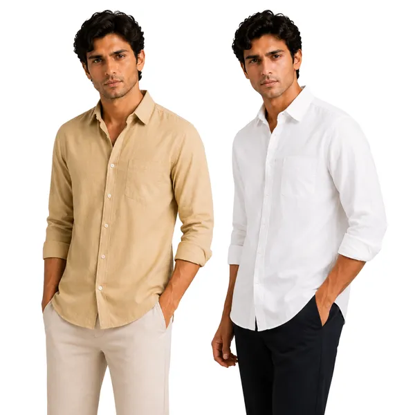 Khakhi_&_White_Pack_Of_2_Linen_Plain_Premium_Shirts_For_Men