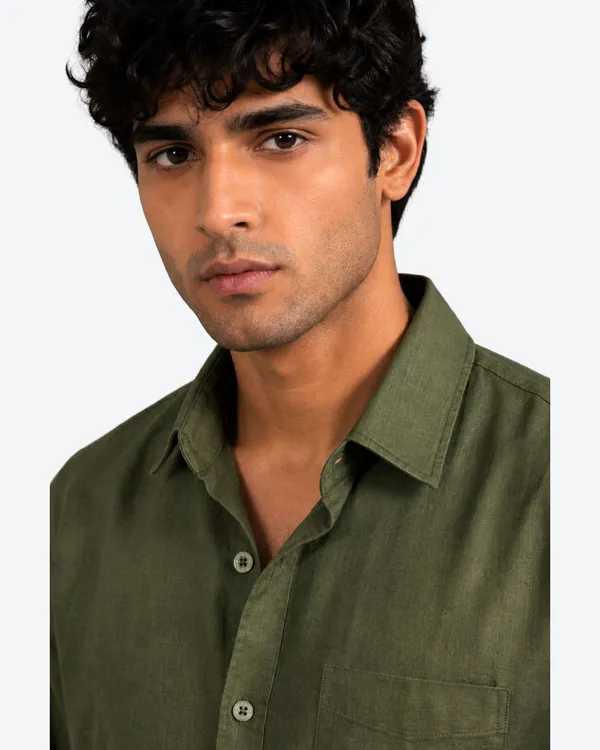 Olive_Green_&_White_Of_2_Linen_Plain_Premium_Shirts_For_Men