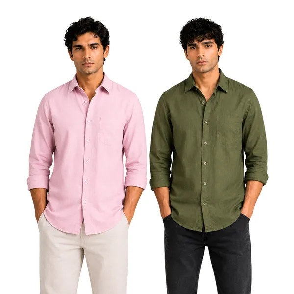 Pink_&_Olive_Green_Pack_Of_2_Linen_Plain_Premium_Shirts_For_Men