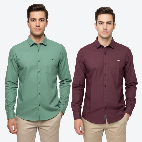 Sea_Green_&_Maroon_(Pack_Of_2)_Combo_Cotton_Plain_Shirts_For_Men