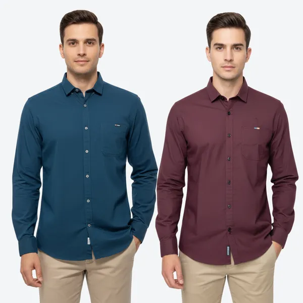 Teal_Blue_&_Maroon_(Pack_Of_2)_Combo_Cotton_Plain_Shirts_For_Men