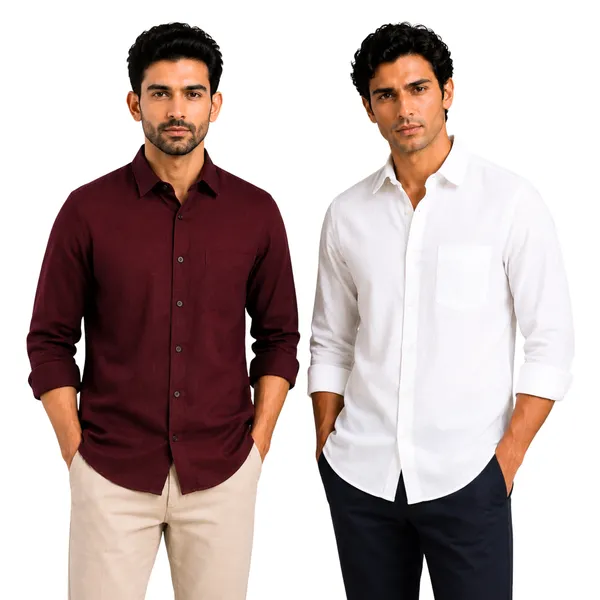 Burgundy_&_White_Pack_Of_2_Linen_Plain_Premium_Shirts_For_Men