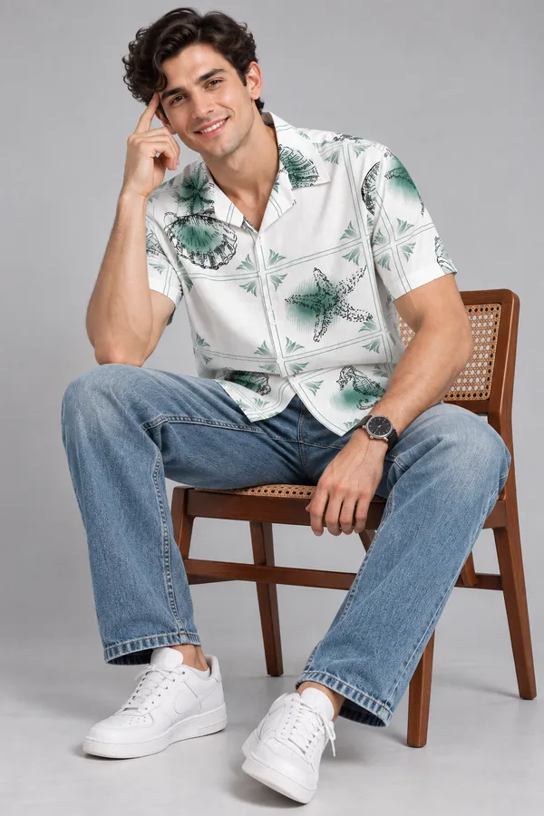 ARVEST_Mint_Green_Seashell_Print_Linen_Half-Sleeve_Shirt