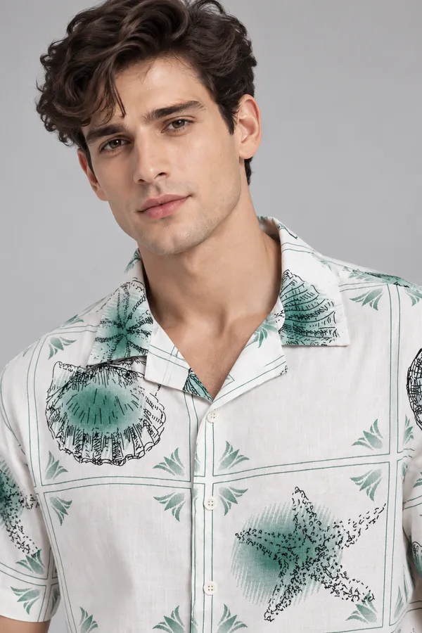 ARVEST_Mint_Green_Seashell_Print_Linen_Half-Sleeve_Shirt