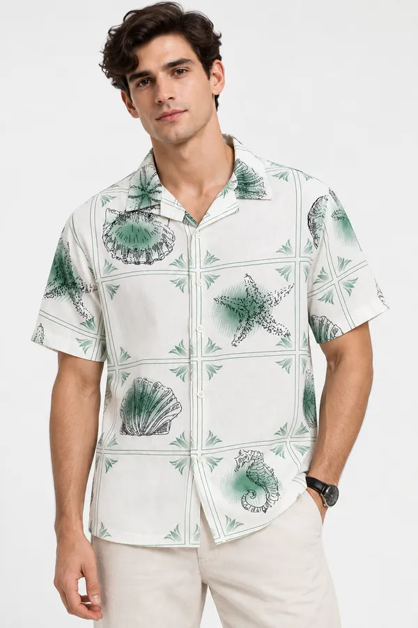 ARVEST_Mint_Green_Seashell_Print_Linen_Half-Sleeve_Shirt