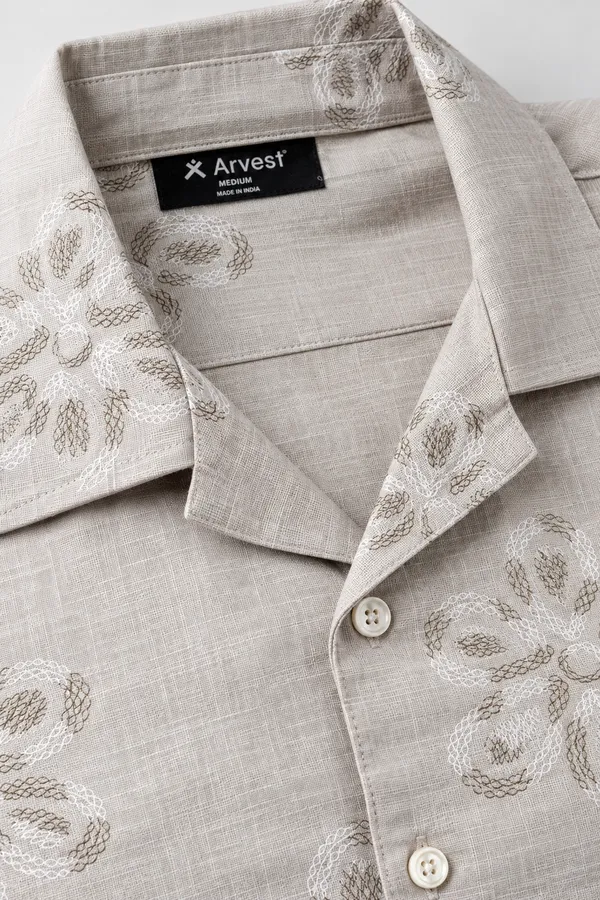 ARVEST_Beige_Floral_Embroidered-Look_Linen_Half-Sleeve_Shirt