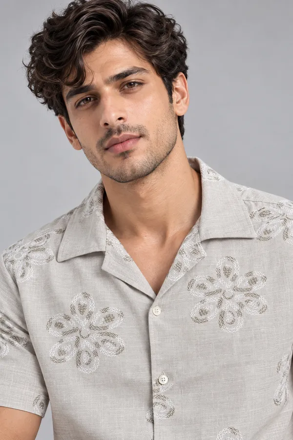 ARVEST_Beige_Floral_Embroidered-Look_Linen_Half-Sleeve_Shirt