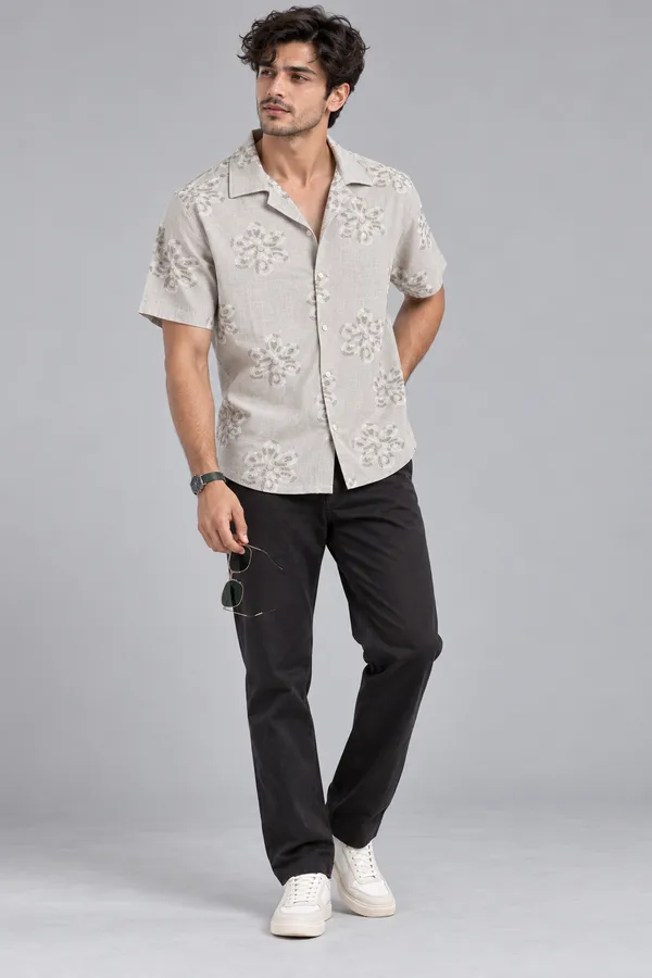 ARVEST_Beige_Floral_Embroidered-Look_Linen_Half-Sleeve_Shirt