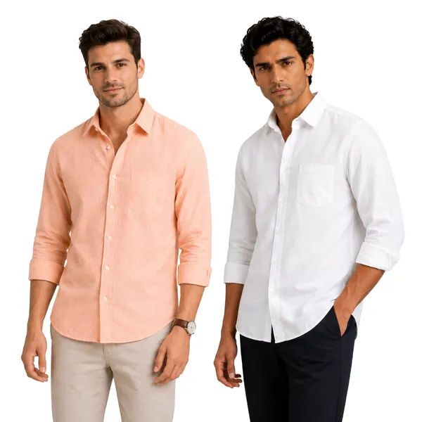 Peach_&_White_Pack_Of_2_Linen_Plain_Premium_Shirts_For_Men