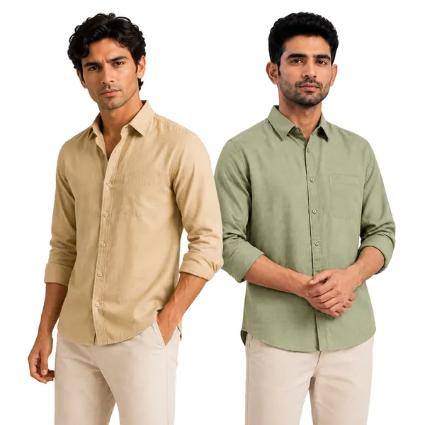 Khakhi_&_Sage_Green_Pack_Of_2_Linen_Plain_Premium_Shirts_For_Men