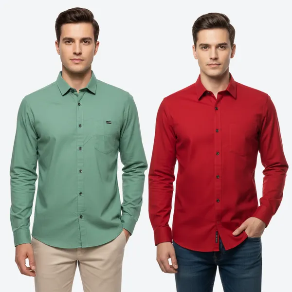 Sea_Green_&_Red_(Pack_Of_2)_Combo_Cotton_Plain_Shirts_For_Men