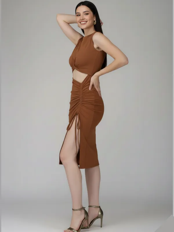 Brown_Trendy_Ruched_Cut-Out_Midi_Dress_For_Women|_Model_Height_5.8inch_,_Fabric_All_Way_Stretchable