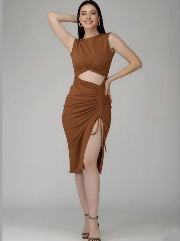 Brown_Trendy_Ruched_Cut-Out_Midi_Dress_For_Women|_Model_Height_5.8inch_,_Fabric_All_Way_Stretchable