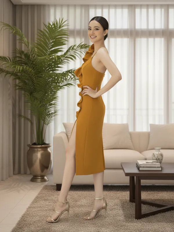 Ekeshwara_Elegant_Mustard_Yellow_Ruffle_One-Shoulder_Bodycon_Dress_with_Slit|_Model_Height_5.8inch_,_Fabric_All_Way_Stretchable