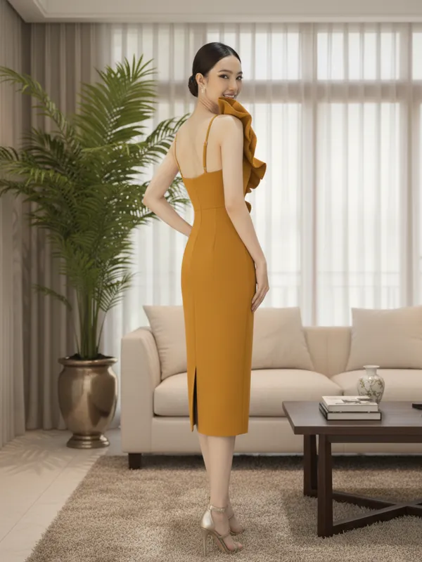 Ekeshwara_Elegant_Mustard_Yellow_Ruffle_One-Shoulder_Bodycon_Dress_with_Slit|_Model_Height_5.8inch_,_Fabric_All_Way_Stretchable