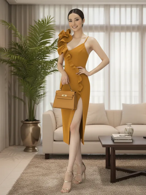 Ekeshwara_Elegant_Mustard_Yellow_Ruffle_One-Shoulder_Bodycon_Dress_with_Slit|_Model_Height_5.8inch_,_Fabric_All_Way_Stretchable