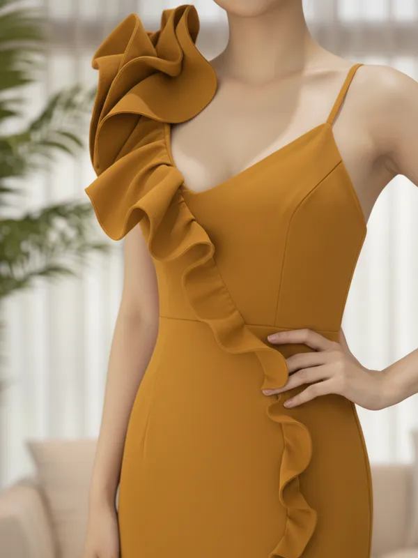 Ekeshwara_Elegant_Mustard_Yellow_Ruffle_One-Shoulder_Bodycon_Dress_with_Slit|_Model_Height_5.8inch_,_Fabric_All_Way_Stretchable