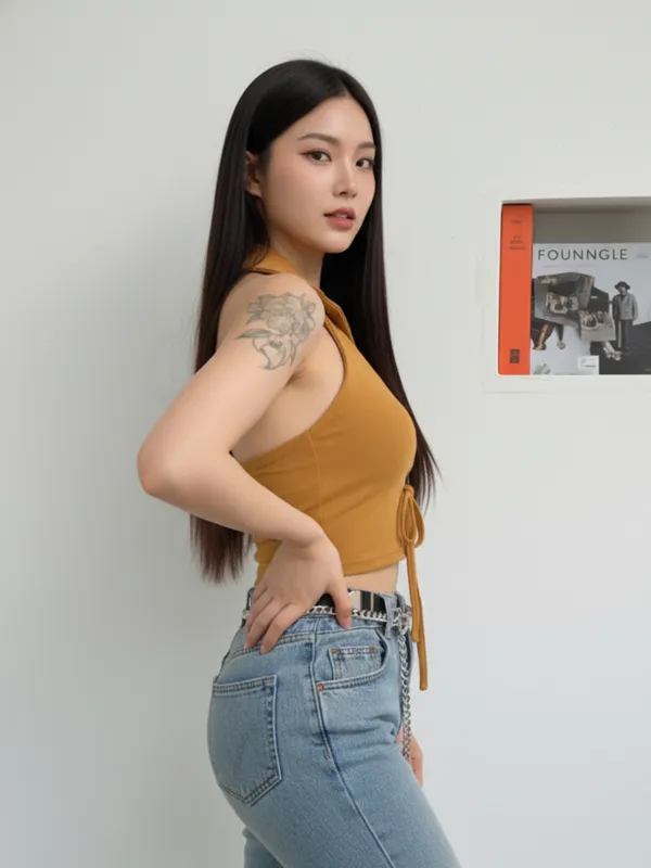Mustard_Yellow_Ruched_Drawstring_Crop_Top_For_Women|_Model_Height_5.8inch_,_Fabric_All_Way_Stretchable