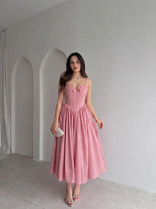 Ekeshwara_baby_pink_long_flare_dress_back_multi_strap_tie_up_dress_for_girls_&_womens|_Model_Height_5.8inch_,_Fabric_All_Way_Stretchable