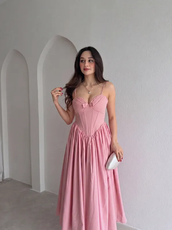 Ekeshwara_baby_pink_long_flare_dress_back_multi_strap_tie_up_dress_for_girls_&_womens|_Model_Height_5.8inch_,_Fabric_All_Way_Stretchable