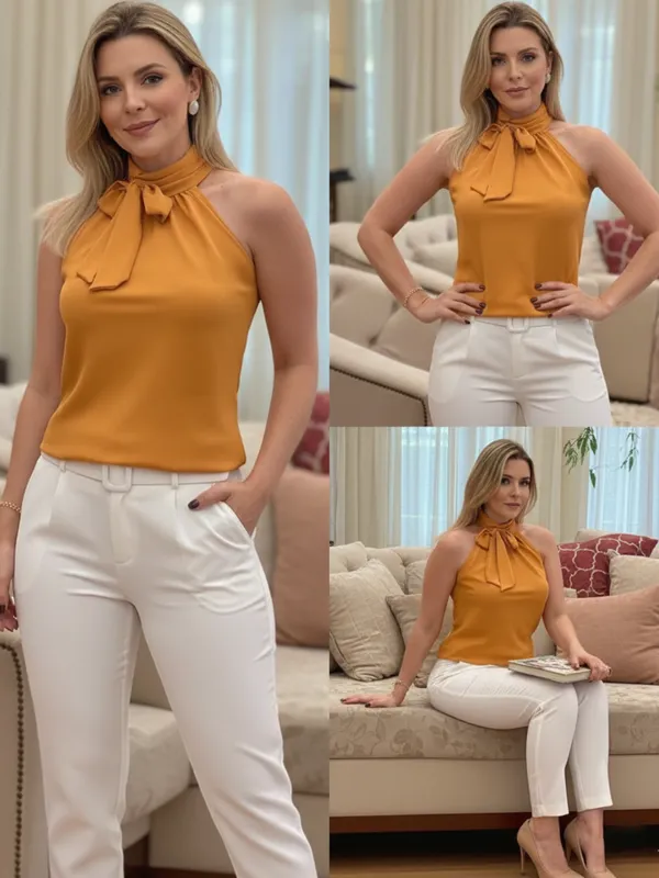 Mustard_Yellow_High_Neck_Bow_Tie_Sleeveless_Top_For_Women|_Model_Height_5.8inch_,_Fabric_All_Way_Stretchable