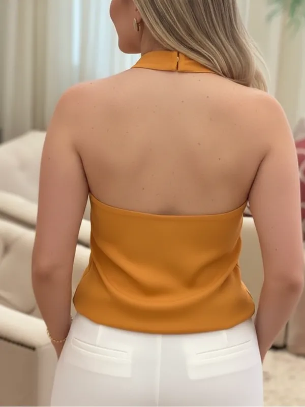 Mustard_Yellow_High_Neck_Bow_Tie_Sleeveless_Top_For_Women|_Model_Height_5.8inch_,_Fabric_All_Way_Stretchable