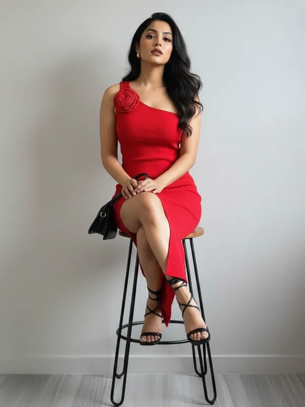 Red_One-Shoulder_Bodycon_Dress_With_Floral_Applique_And_Asymmetric_Slit_For_Women|_Model_Height_5.8inch_,_Fabric_All_Way_Stretchable
