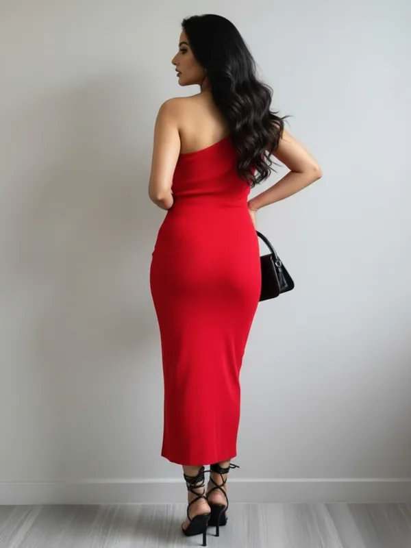 Red_One-Shoulder_Bodycon_Dress_With_Floral_Applique_And_Asymmetric_Slit_For_Women|_Model_Height_5.8inch_,_Fabric_All_Way_Stretchable