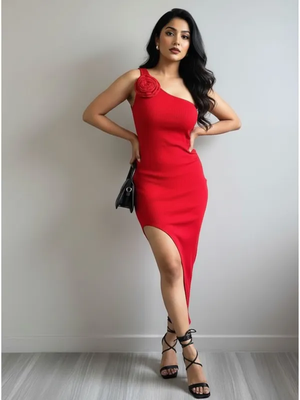 Red_One-Shoulder_Bodycon_Dress_With_Floral_Applique_And_Asymmetric_Slit_For_Women|_Model_Height_5.8inch_,_Fabric_All_Way_Stretchable