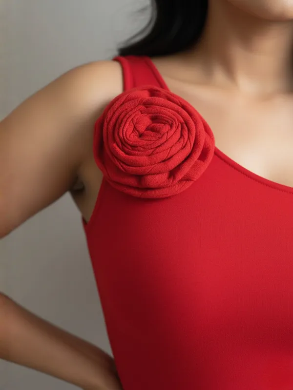 Red_One-Shoulder_Bodycon_Dress_With_Floral_Applique_And_Asymmetric_Slit_For_Women|_Model_Height_5.8inch_,_Fabric_All_Way_Stretchable
