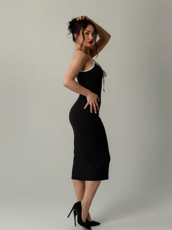Black_Elegant_Tie-Neck_Bodycon_Midi_Dress_For_Women|_Model_Height_5.8inch_,_Fabric_All_Way_Stretchable