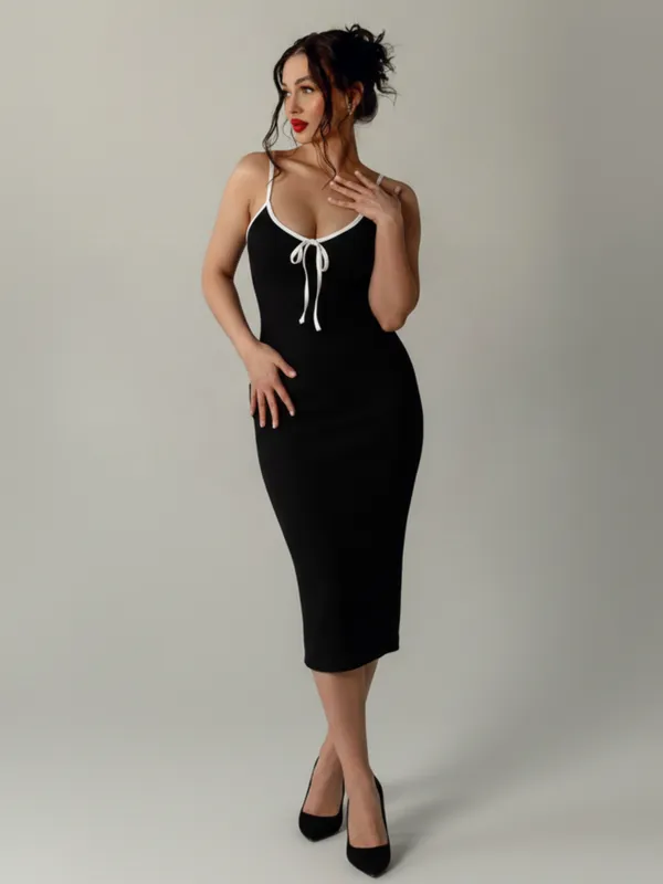 Black_Elegant_Tie-Neck_Bodycon_Midi_Dress_For_Women|_Model_Height_5.8inch_,_Fabric_All_Way_Stretchable