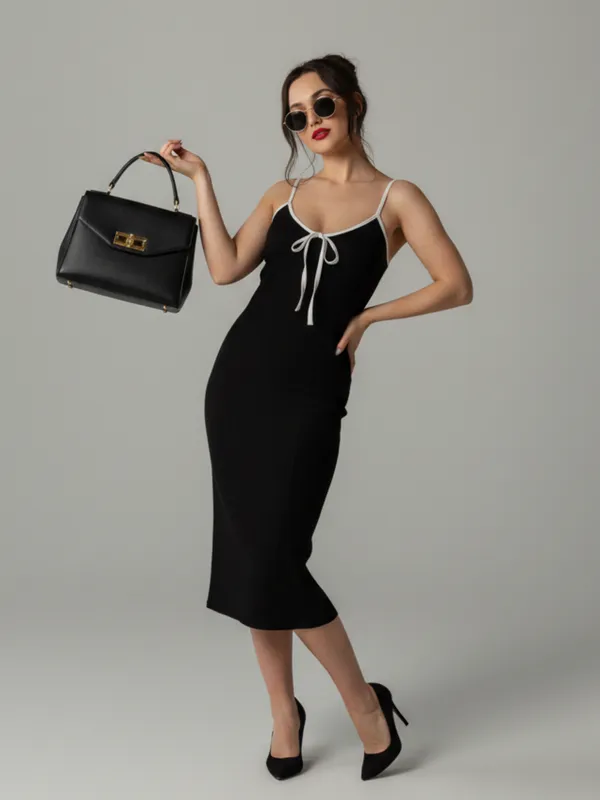 Black_Elegant_Tie-Neck_Bodycon_Midi_Dress_For_Women|_Model_Height_5.8inch_,_Fabric_All_Way_Stretchable