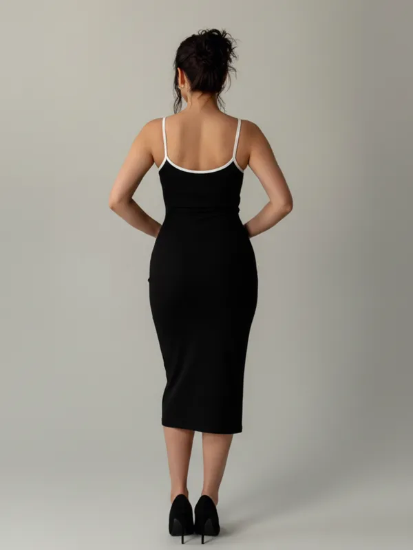 Black_Elegant_Tie-Neck_Bodycon_Midi_Dress_For_Women|_Model_Height_5.8inch_,_Fabric_All_Way_Stretchable