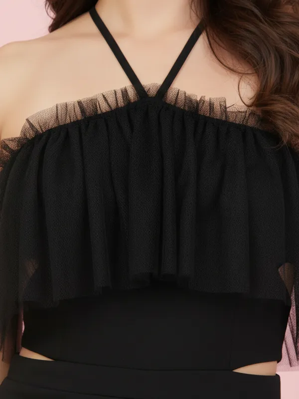 Black_Net_Frill_Jumpsuit_For_Women|_Model_Height_5.8inch_,_Fabric_All_Way_Stretchable