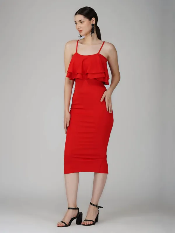 Red_Ruffle_Design_Bodycon_Dress_For_Women|_Model_Height_5.8inch_,_Fabric_All_Way_Stretchable