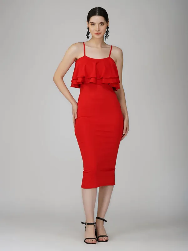 Red_Ruffle_Design_Bodycon_Dress_For_Women|_Model_Height_5.8inch_,_Fabric_All_Way_Stretchable