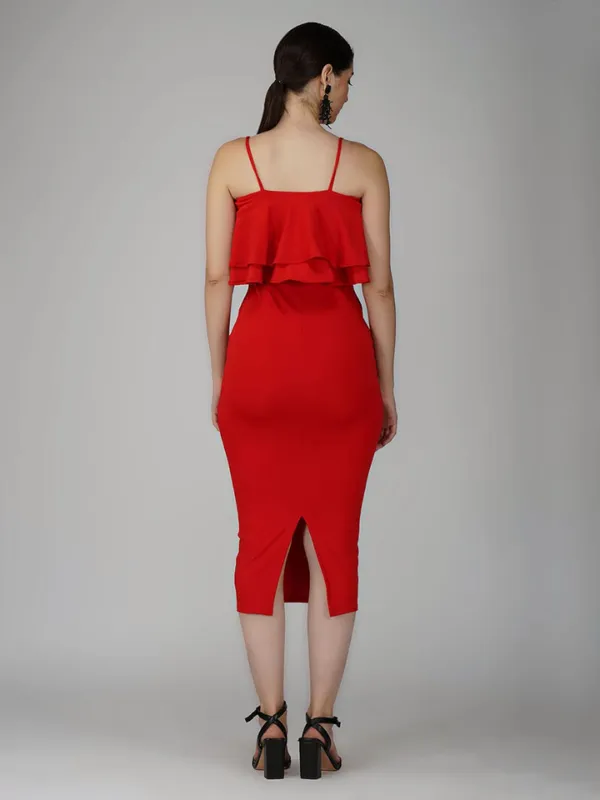 Red_Ruffle_Design_Bodycon_Dress_For_Women|_Model_Height_5.8inch_,_Fabric_All_Way_Stretchable