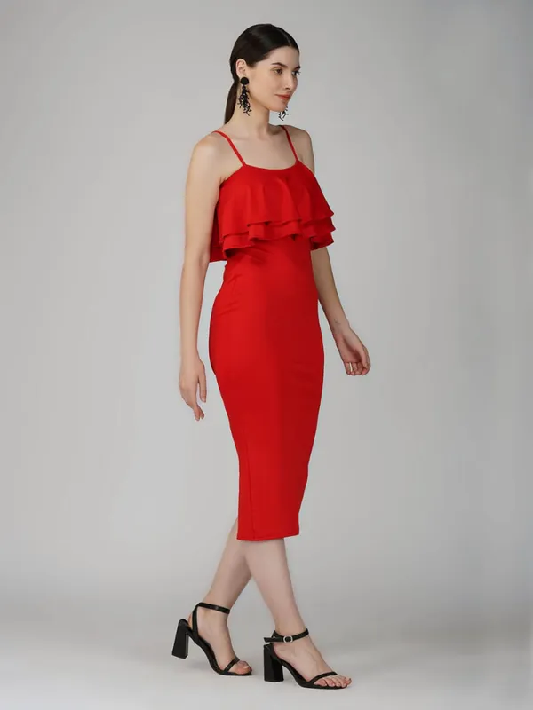 Red_Ruffle_Design_Bodycon_Dress_For_Women|_Model_Height_5.8inch_,_Fabric_All_Way_Stretchable