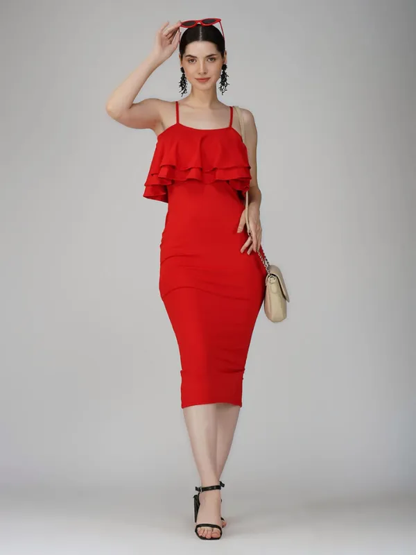 Red_Ruffle_Design_Bodycon_Dress_For_Women|_Model_Height_5.8inch_,_Fabric_All_Way_Stretchable