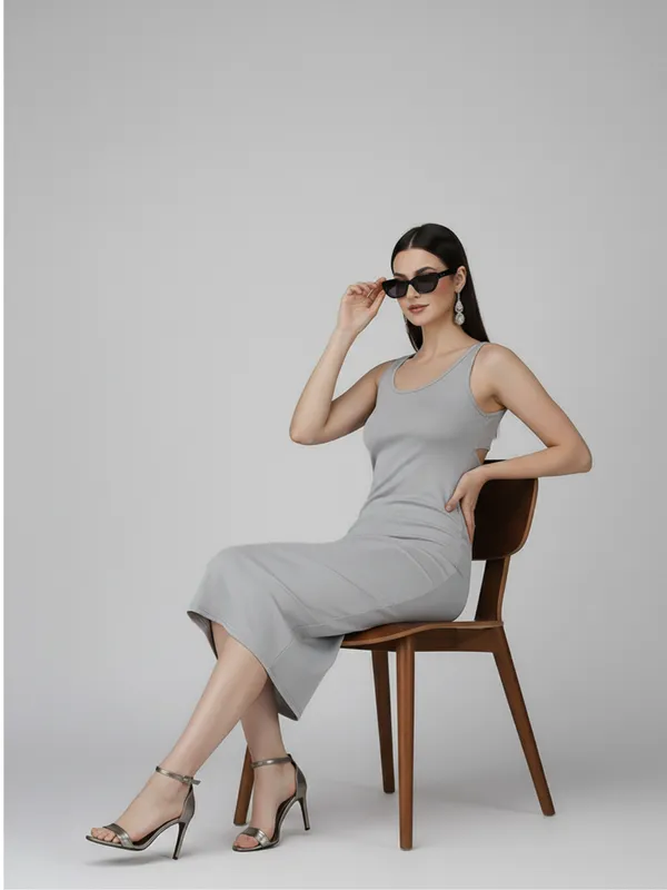 Grey_Sleeveless_Bodycon_Midi_Dress_With_Strappy_Open_Back_For_Women|_Model_Height_5.8inch_,_Fabric_All_Way_Stretchable